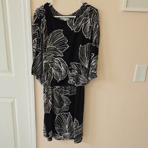 Black & White Floral Mini Dress with Dolman Sleeves